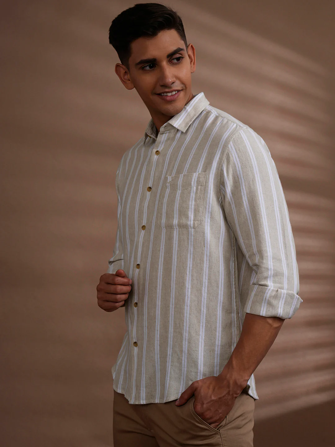 Linen Blend Natural Colour Stripe Shirt Beige