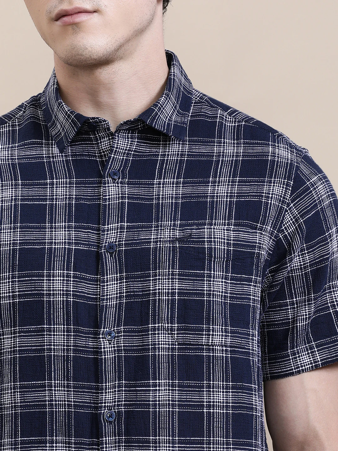 Cotton Textured Checked Half Sleeve Shirt Navy