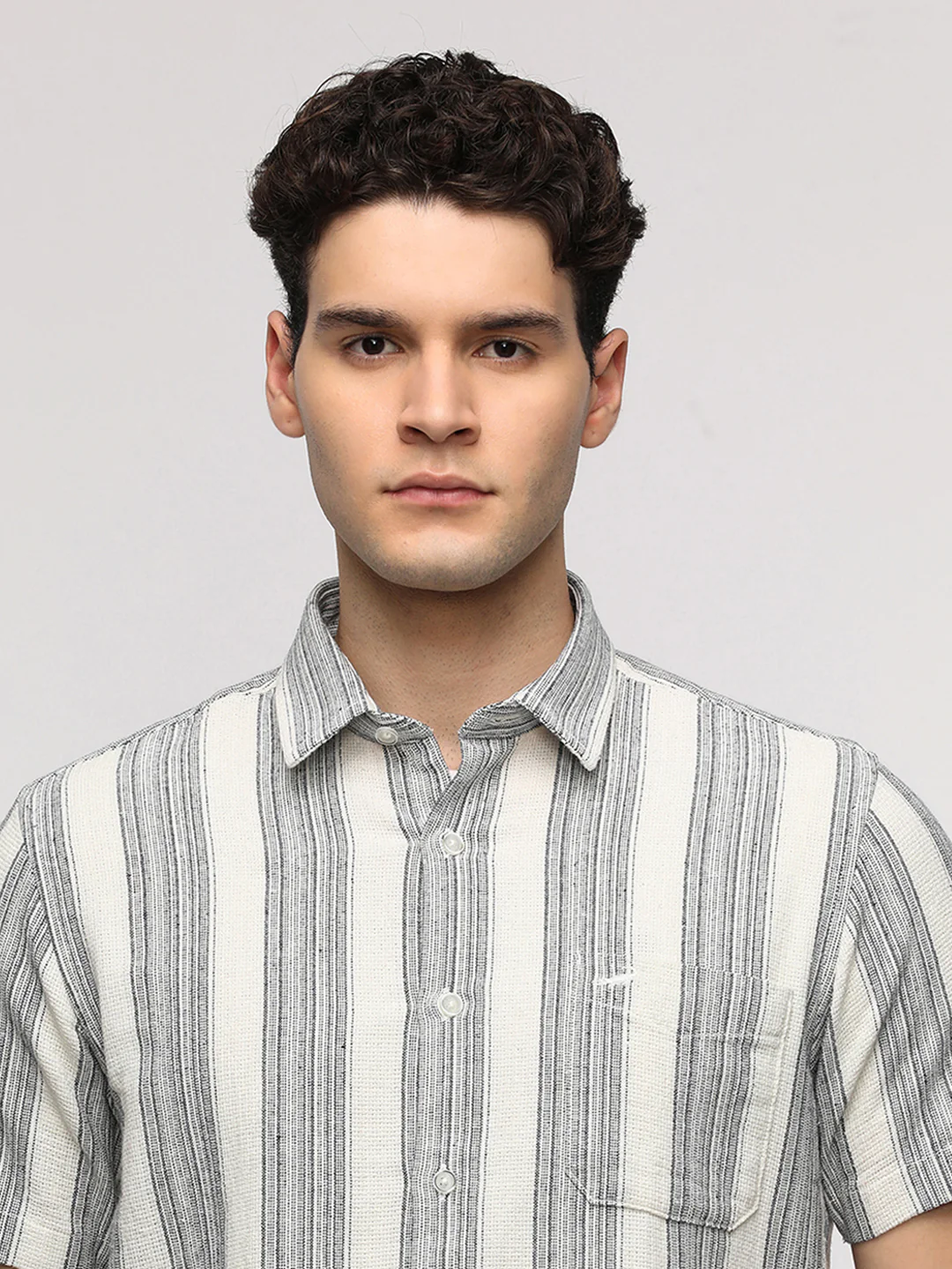 Half Sleeve White And Grey Striped Shirt for Elegant Style