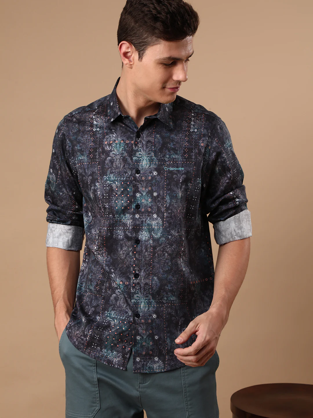 Printed Full Sleeve 100% Cotton Navy Casual Shirt