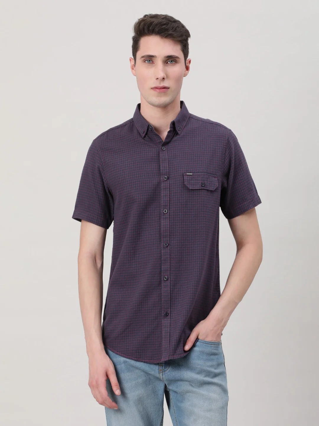 Wine Red Checked Half Sleeve 100% Cotton Shirt