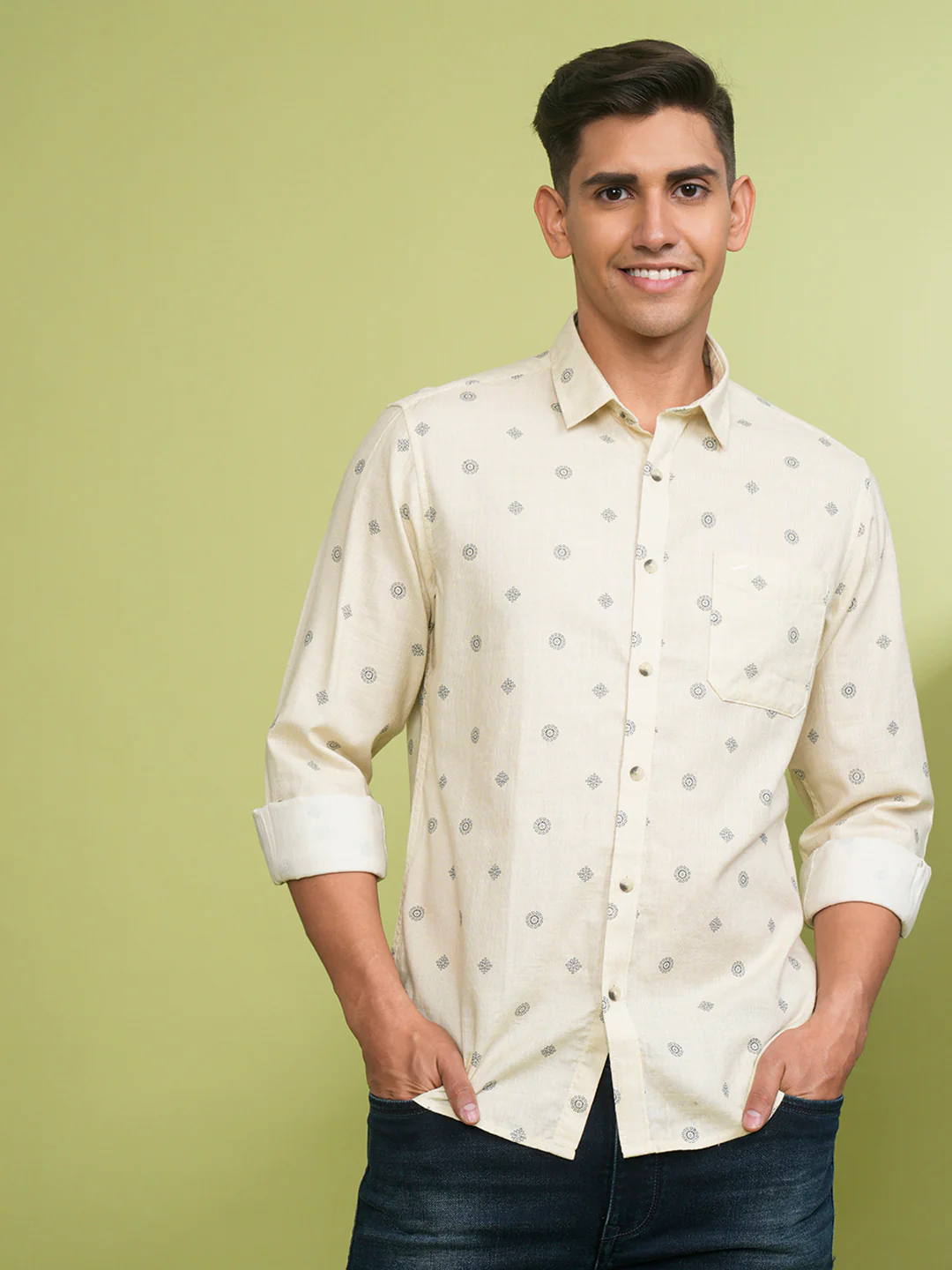 Cotton Motif Print Shirt Beige