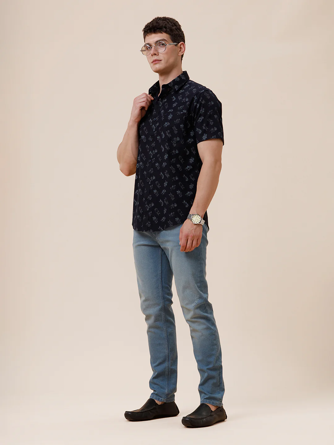 Cotton Linen Textured Printed Navy Shirt
