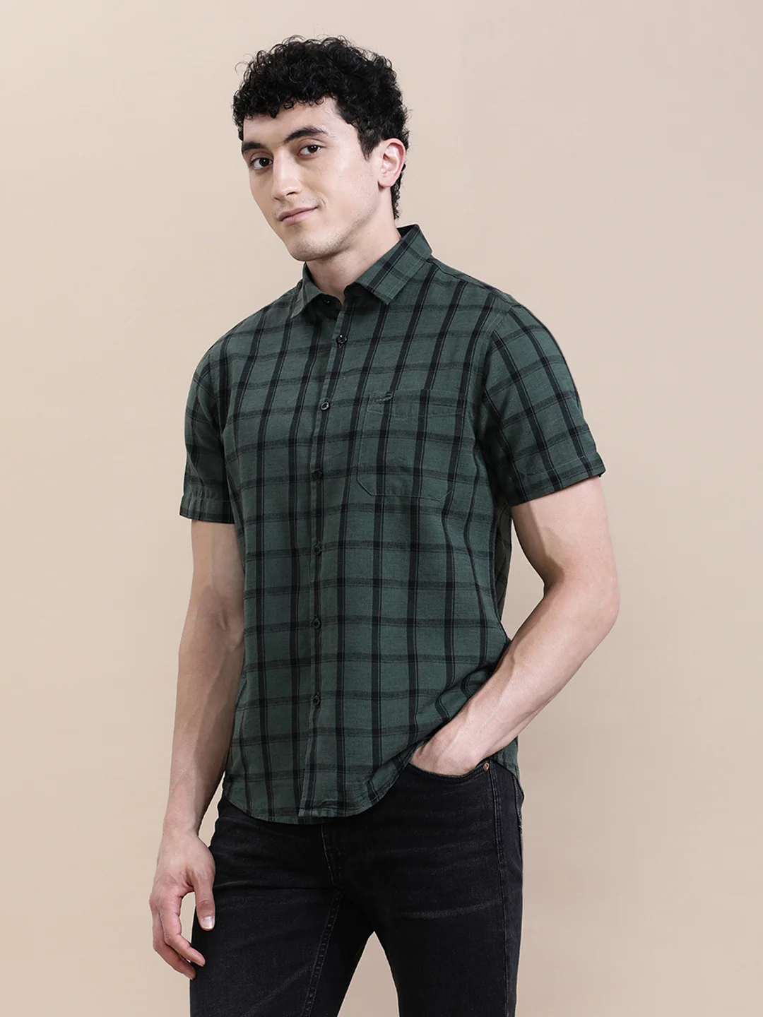 Linen Blend Checked Half Sleeve Shirt
