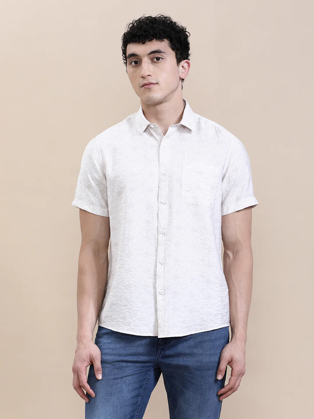 Printed Crinkled Effect Fluid Half Sleeve Shirt Beige