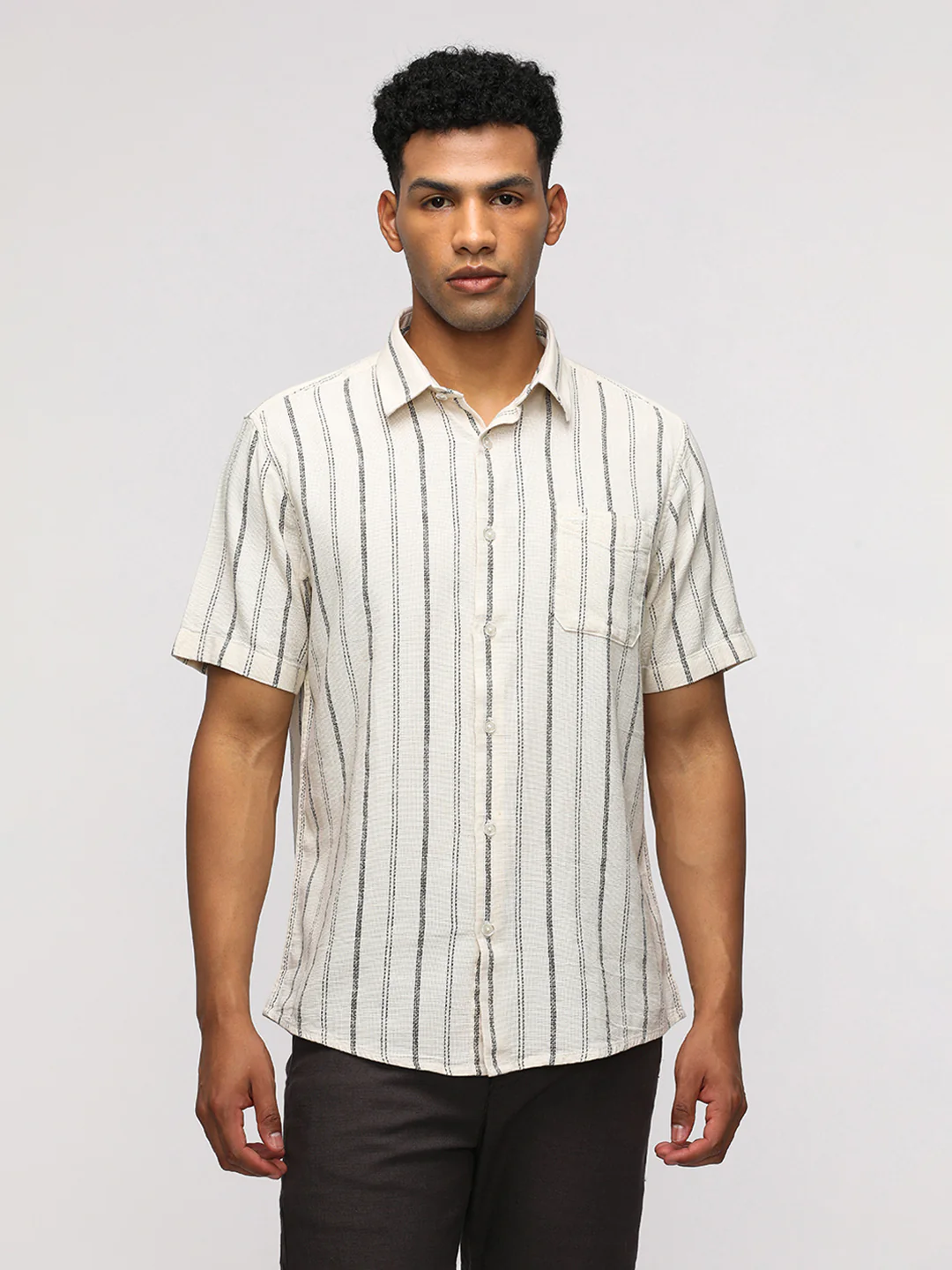 Half Sleeve White And Black Striped Shirt for Casual Style