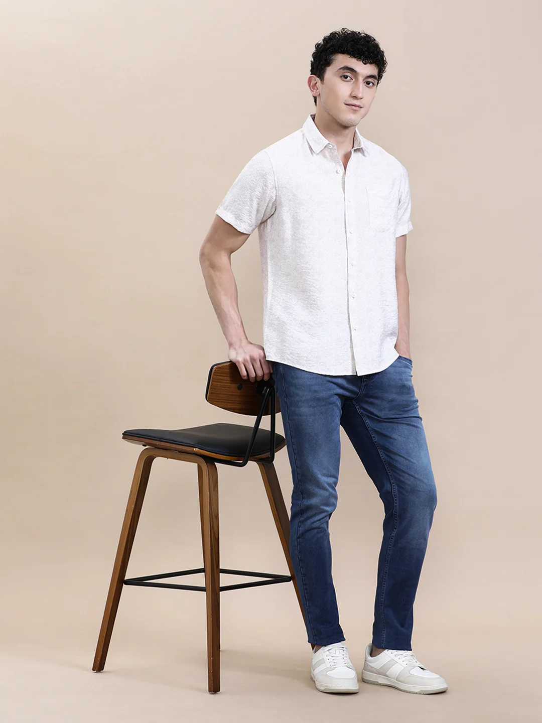 Printed Crinkled Effect Fluid Half Sleeve Shirt Beige