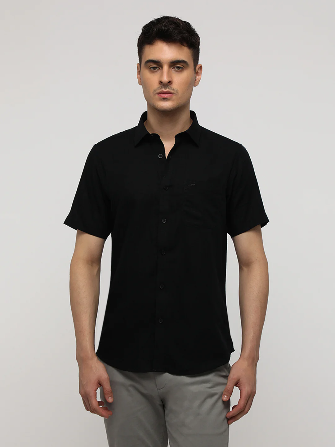 Black Linen Blend Plain Shirt