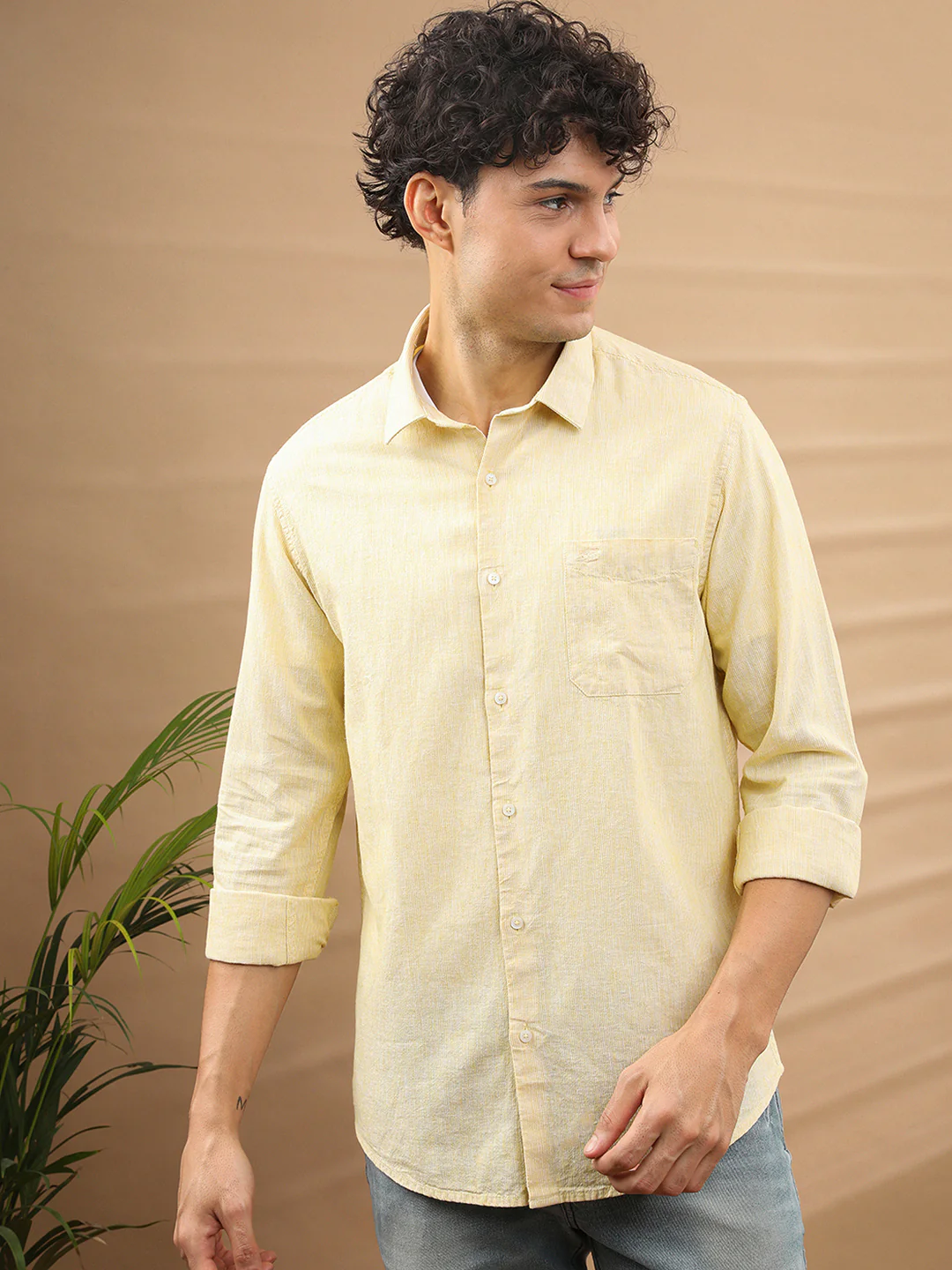 Linen Blend Stripe Shirt Yellow