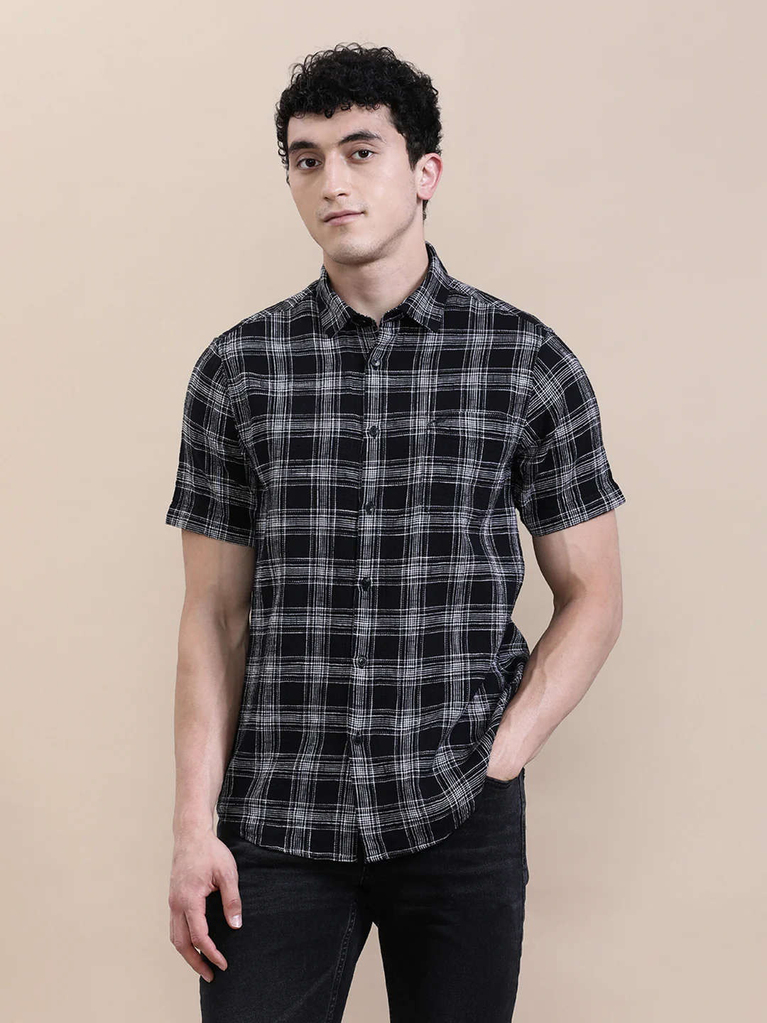 Cotton Textured Checked Half Sleeve Shirt