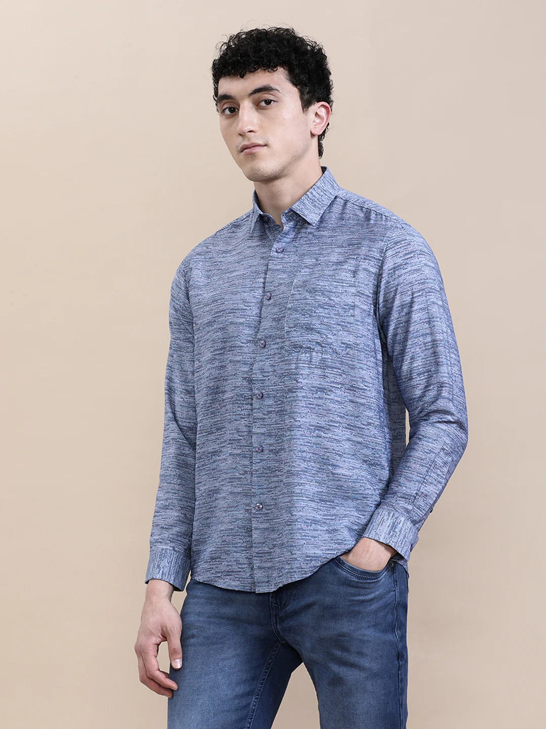 Blue Printed Crinkled Effect Fluid Shirt