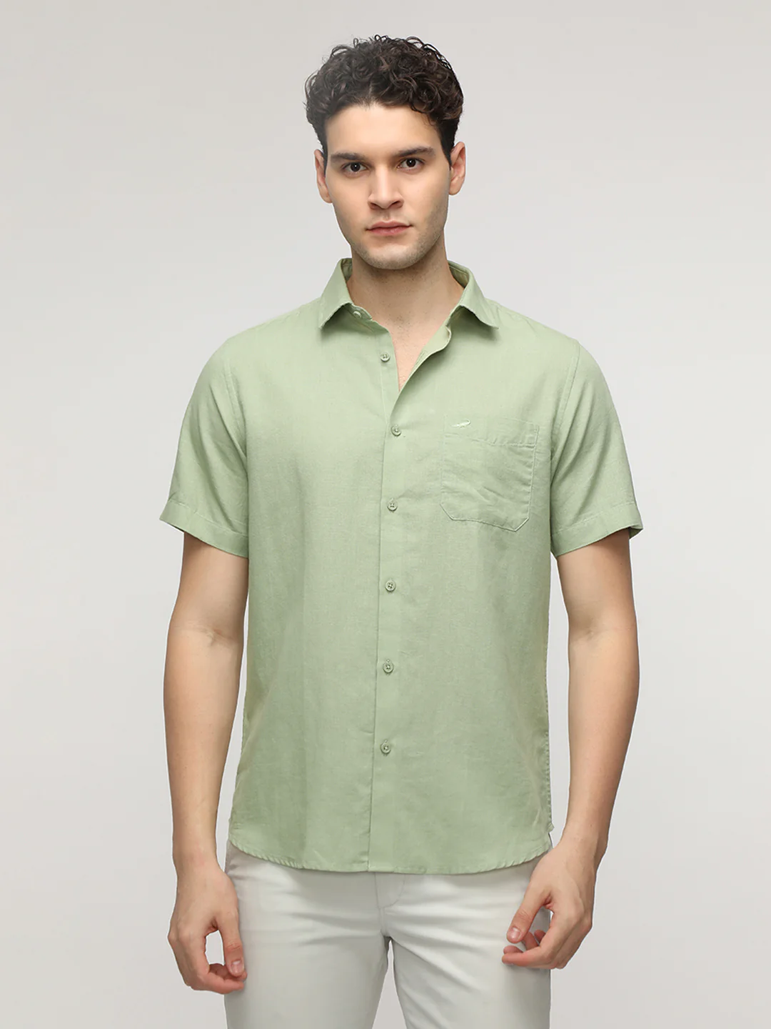 Green Linen Blend Plain Shirt