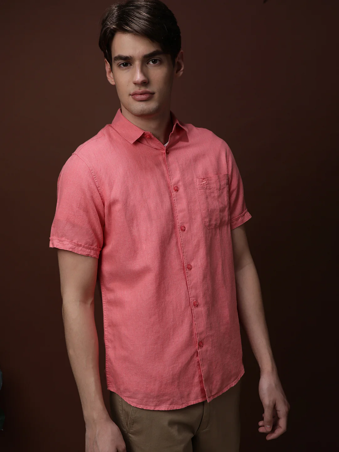 Mineral Red Solid Half Sleeve Linen Shirt