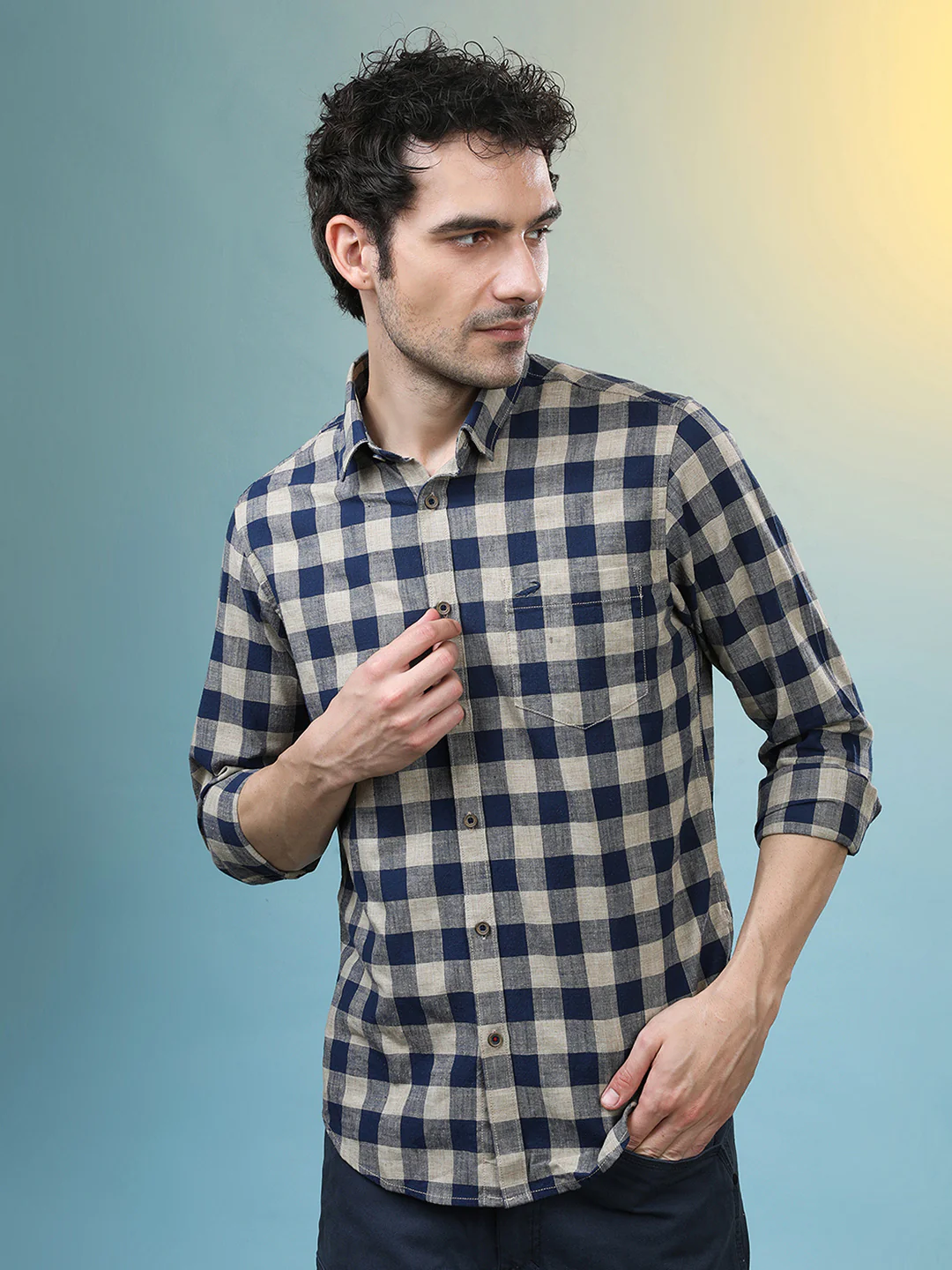 Linen Blend Check Shirt Navy