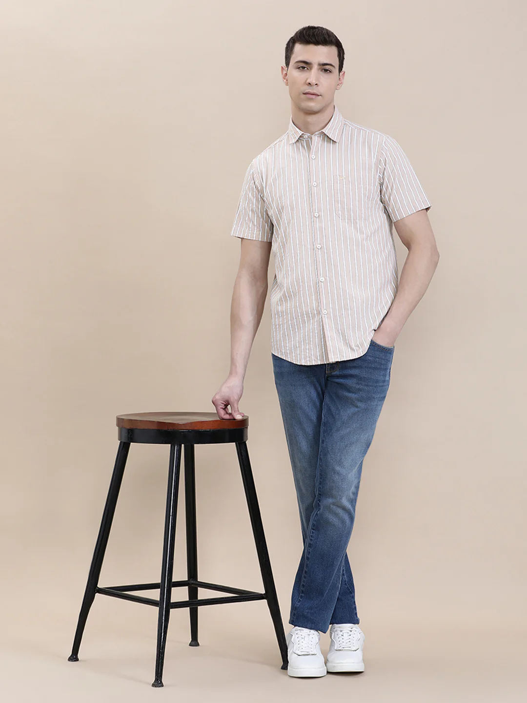Cotton Seersucker Striped Half Sleeve Shirt