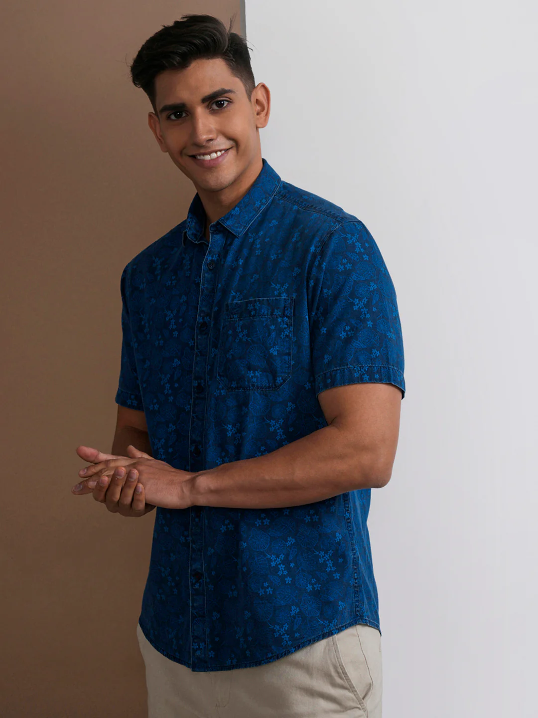Washed Indigo Botanical Print Shirt
