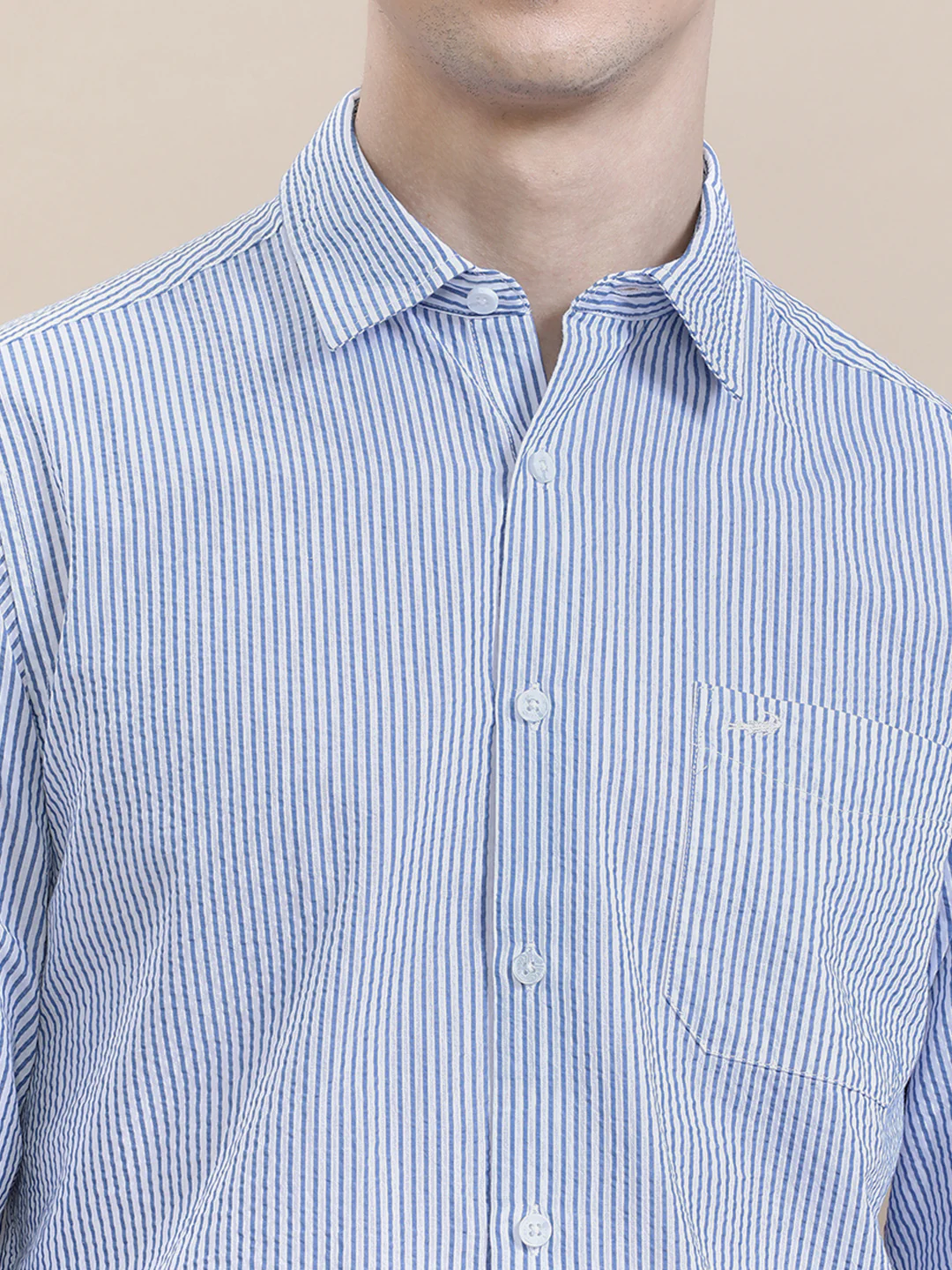 Cotton Seersucker Striped Full Sleeve Shirt Blue
