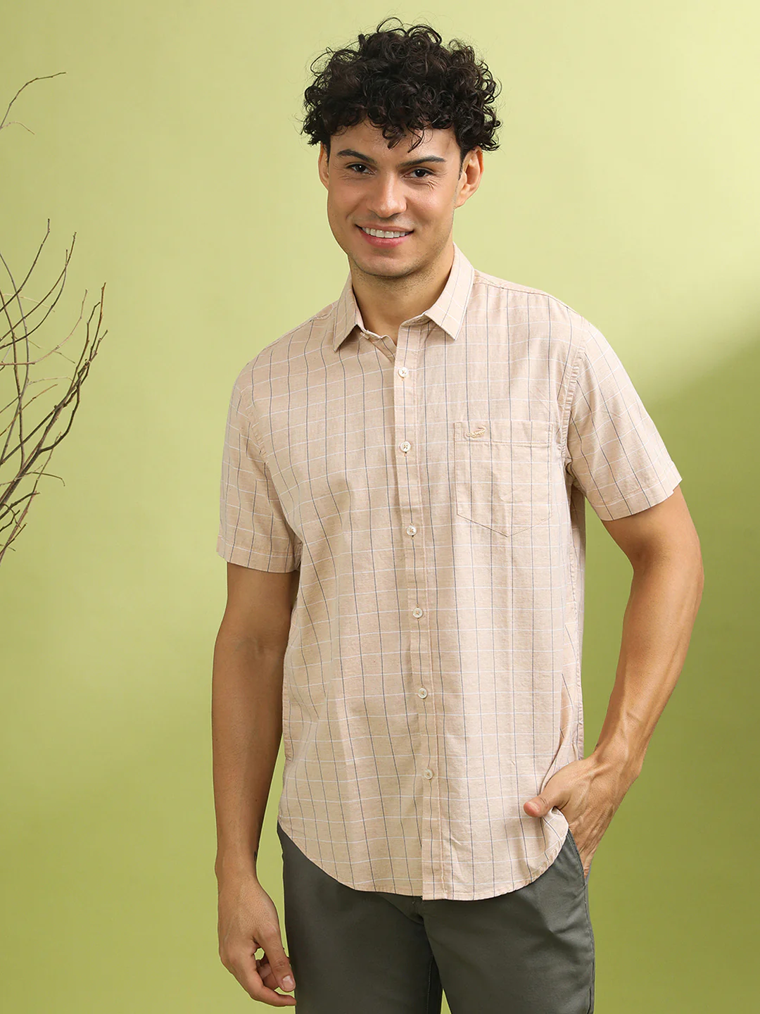 Cotton Melange Check Shirt Light Orange