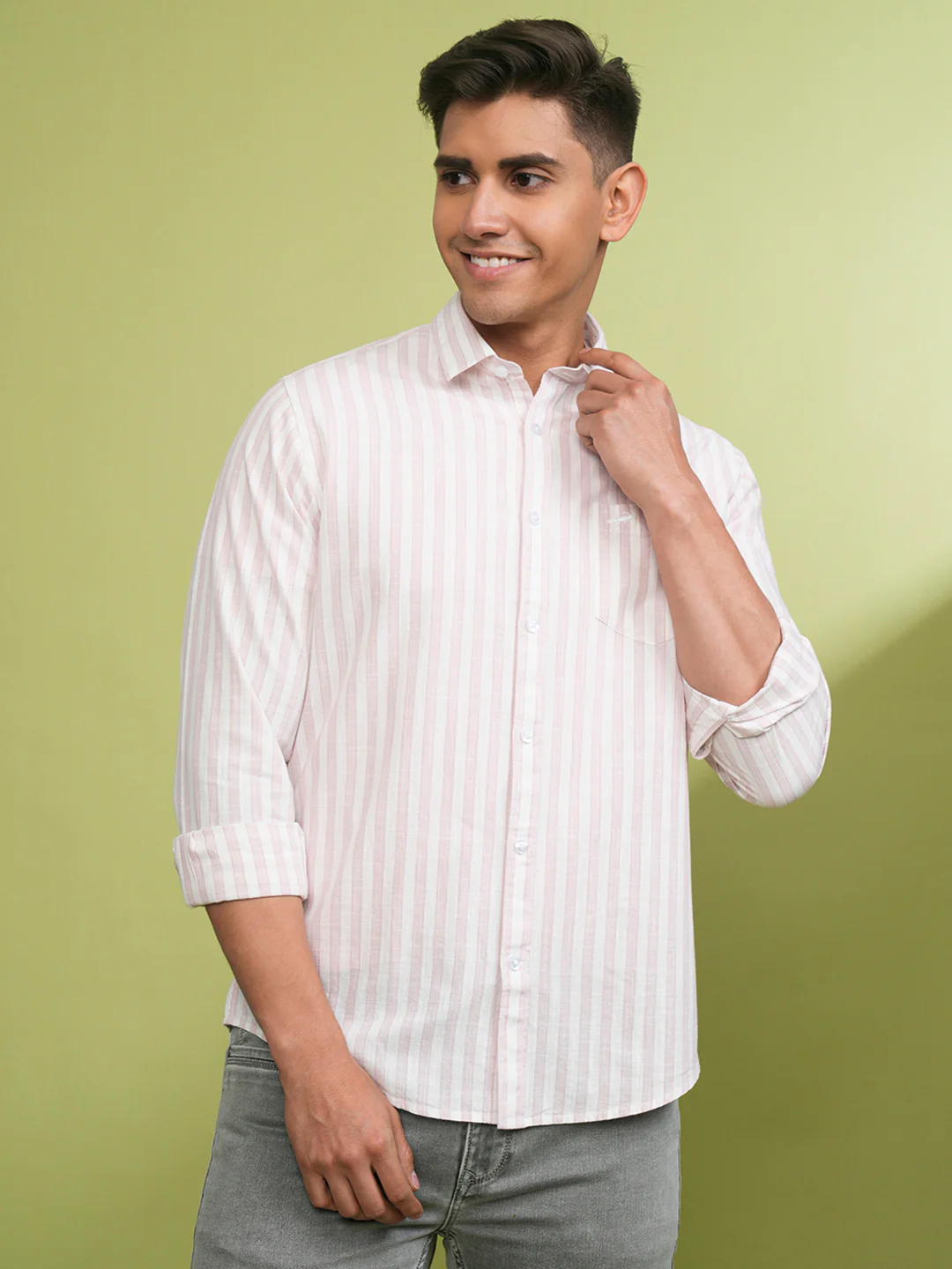 100% Cotton Bold Stripe Casual Shirt Light Pink