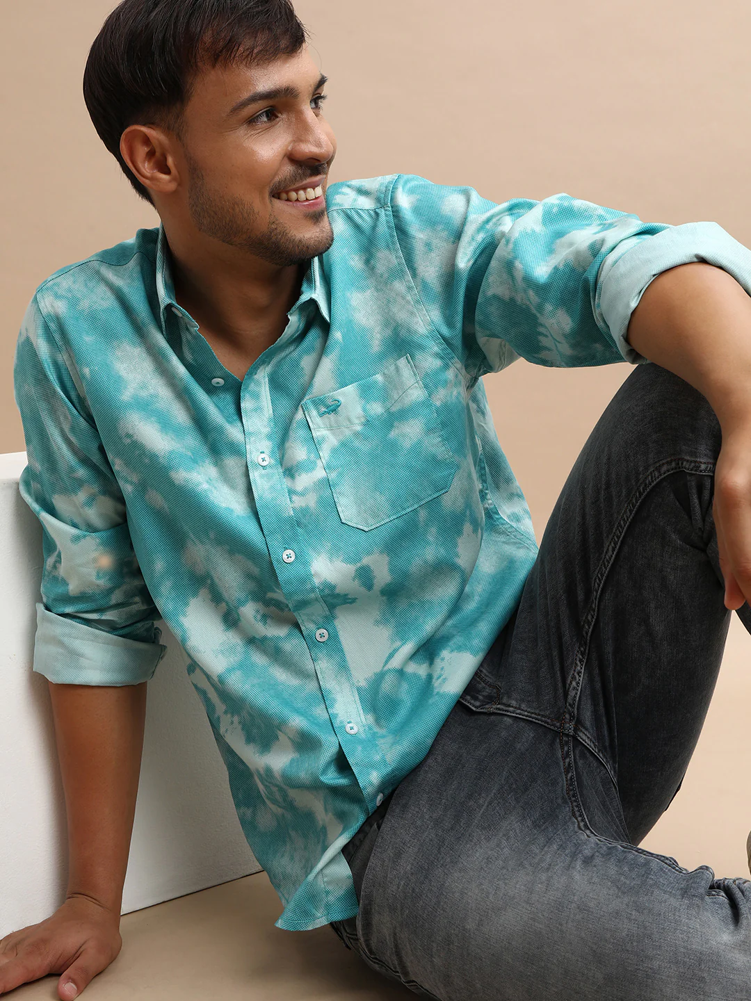 Aqua Blue Printed Full Sleeve 100% Cotton Shirt