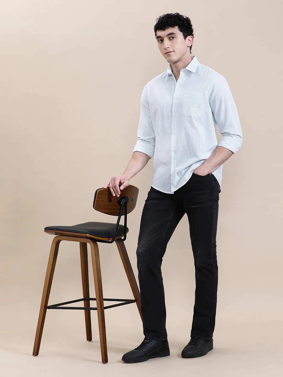 Crinkle Textured Pin Stripe Green Shirt