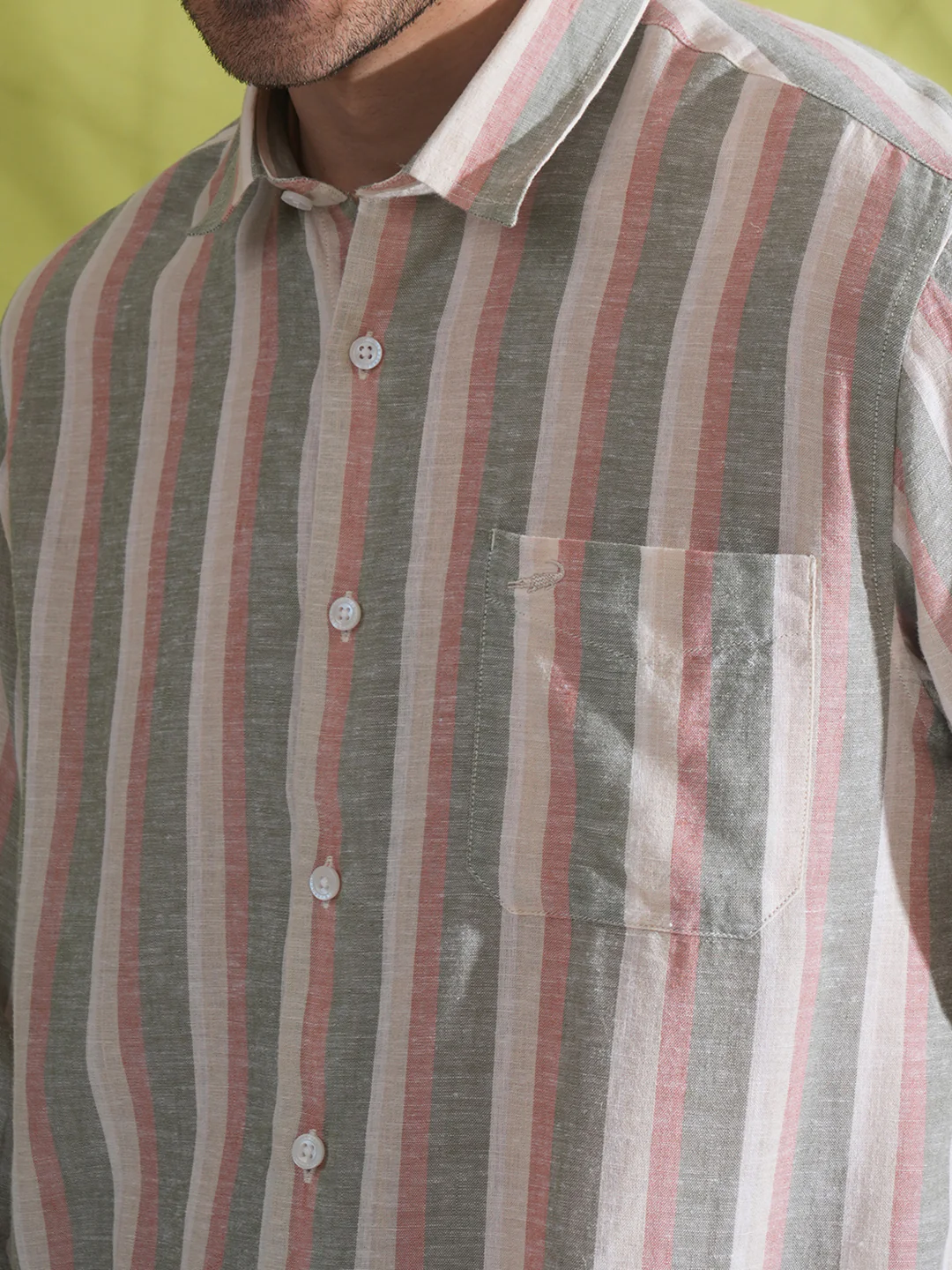Linen Blend Variegated Stripe Shirt Oil Green