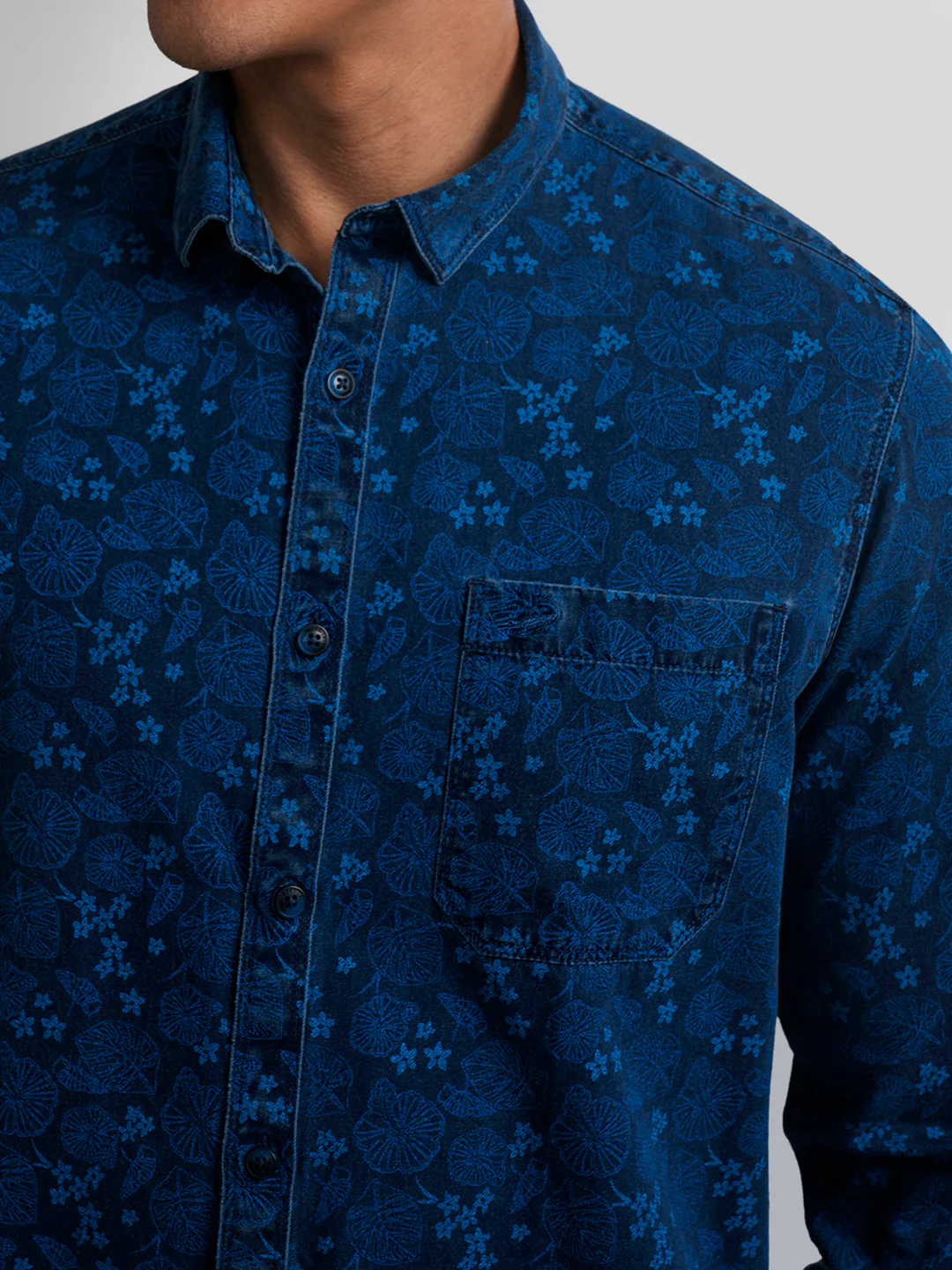 Washed Indigo Botanical Print Casual Shirt