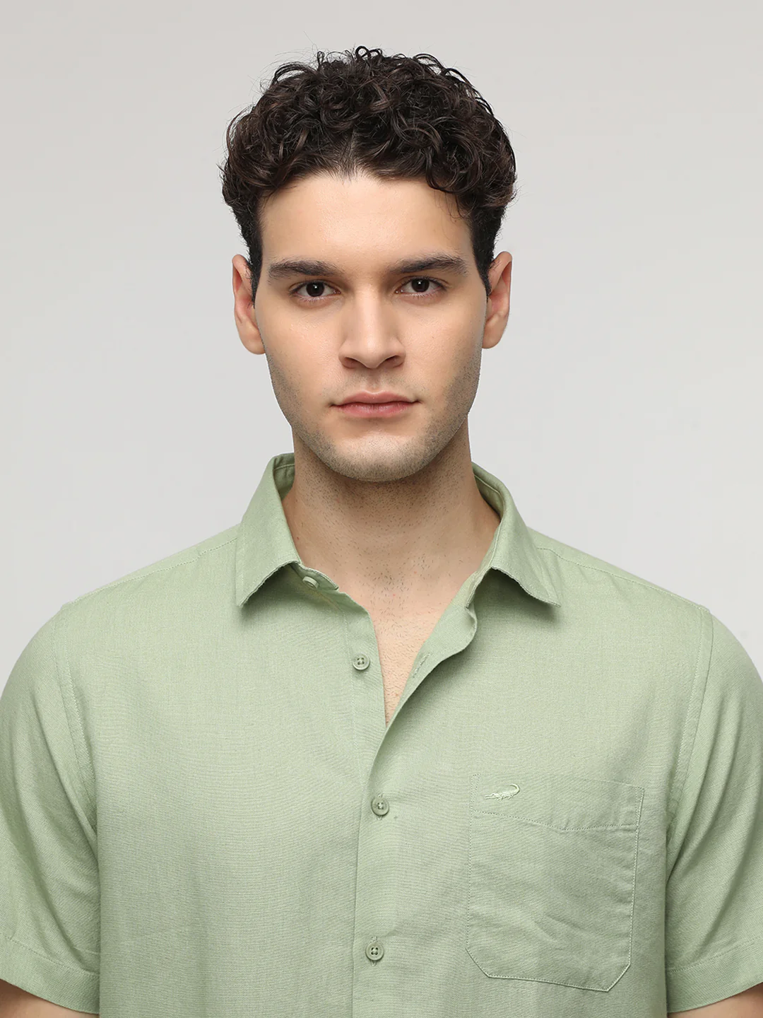 Green Linen Blend Plain Shirt