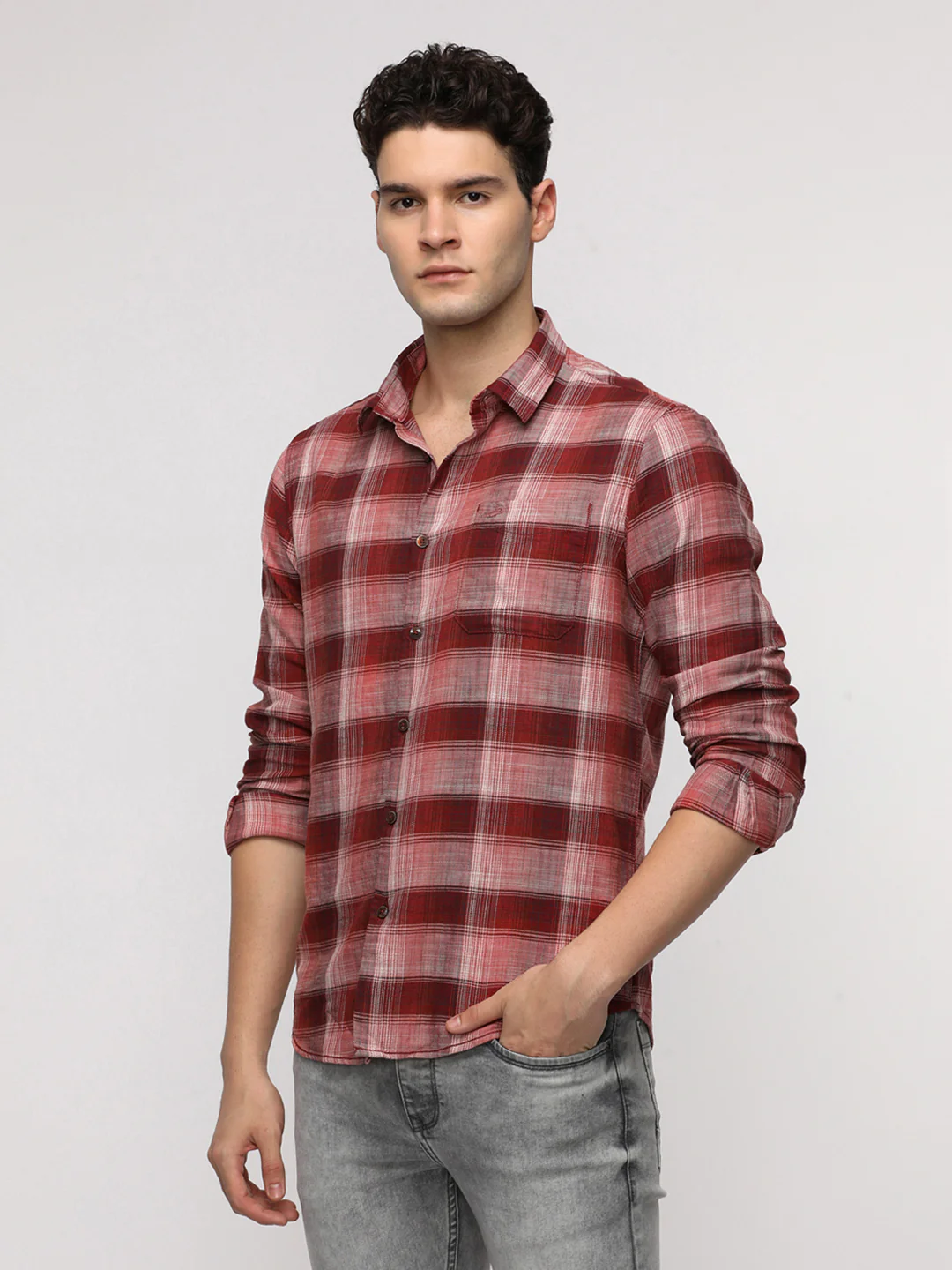Red Textured Checks Shirt