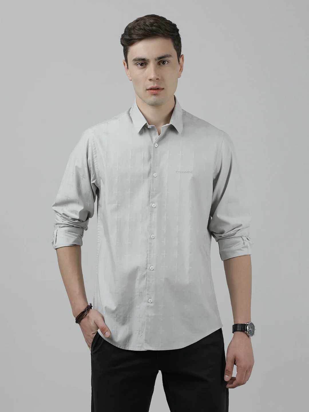 Printed Grey Casual Full Sleeve 100% Cotton Shirt