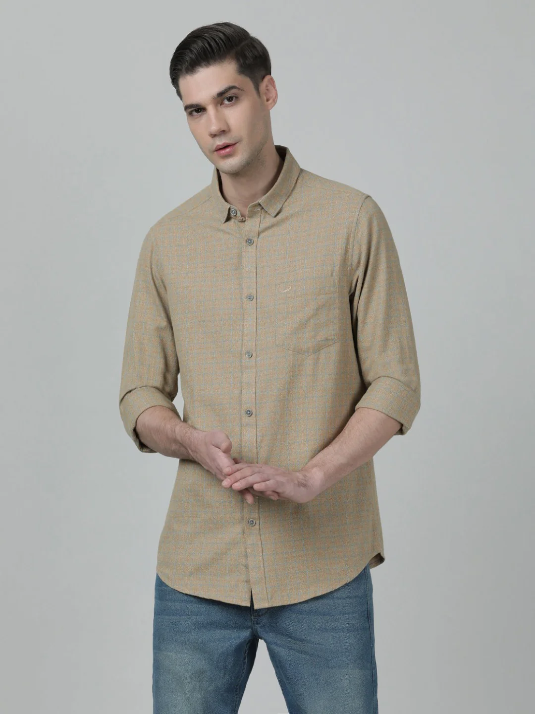 Khaki Brown Checked Casual Full Sleeve 100% Cotton Shirt