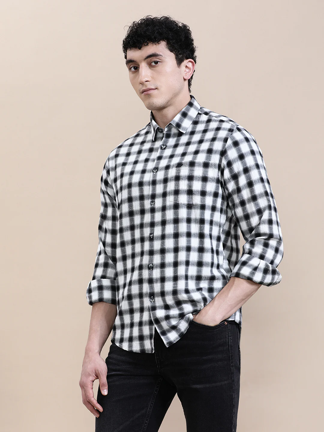 Crinkled Effect Checked Full Sleeve Shirt
