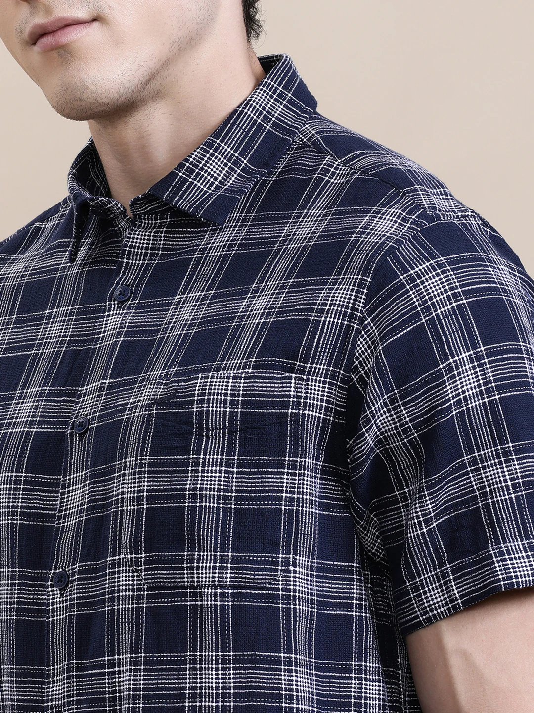 Cotton Textured Checked Half Sleeve Shirt Navy