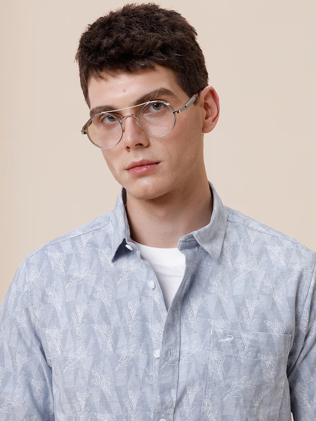 Cotton Printed Textured Grey Shirt
