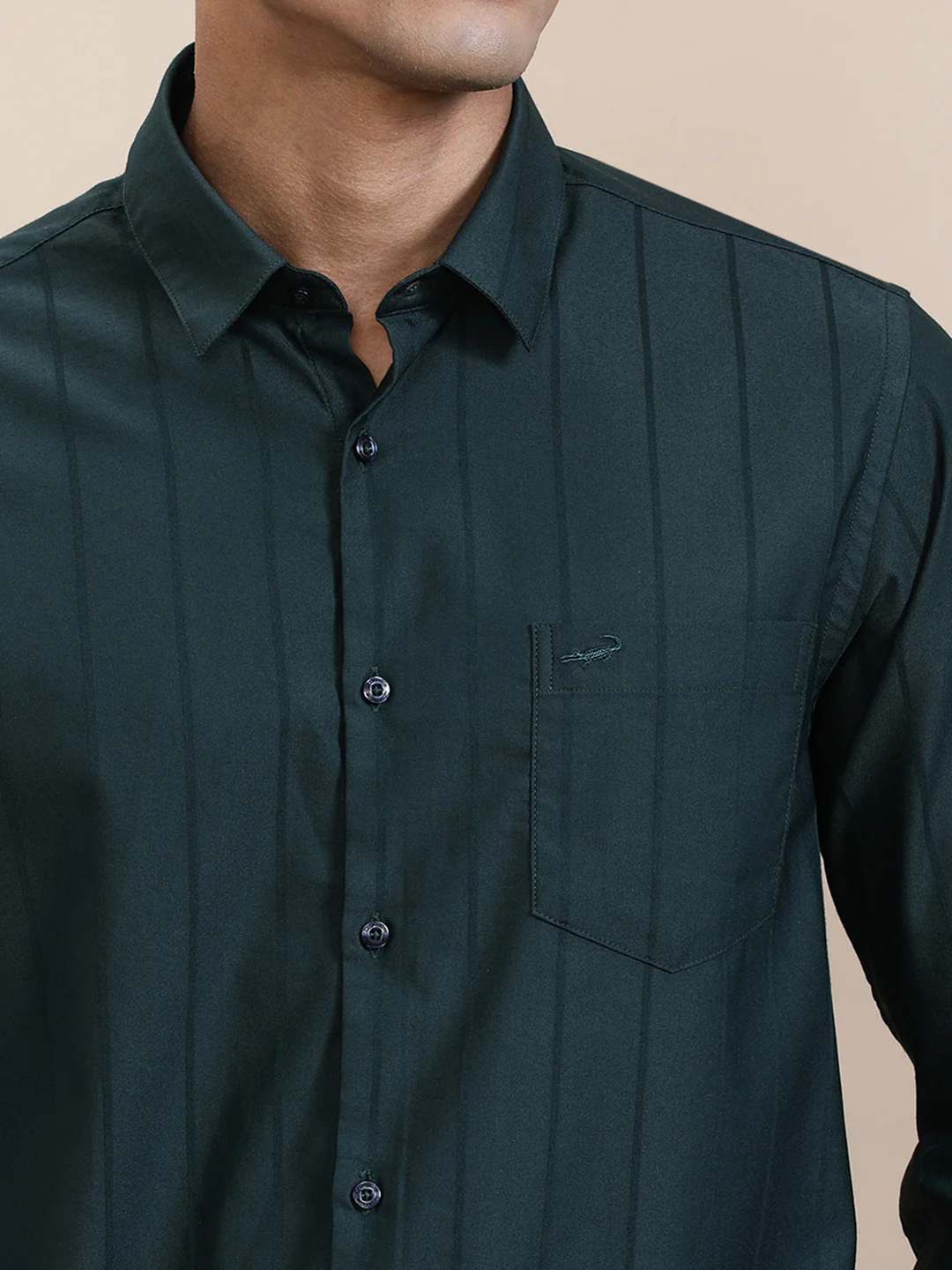 Elegant Self-Stripe Stretch Shirt Dark Green