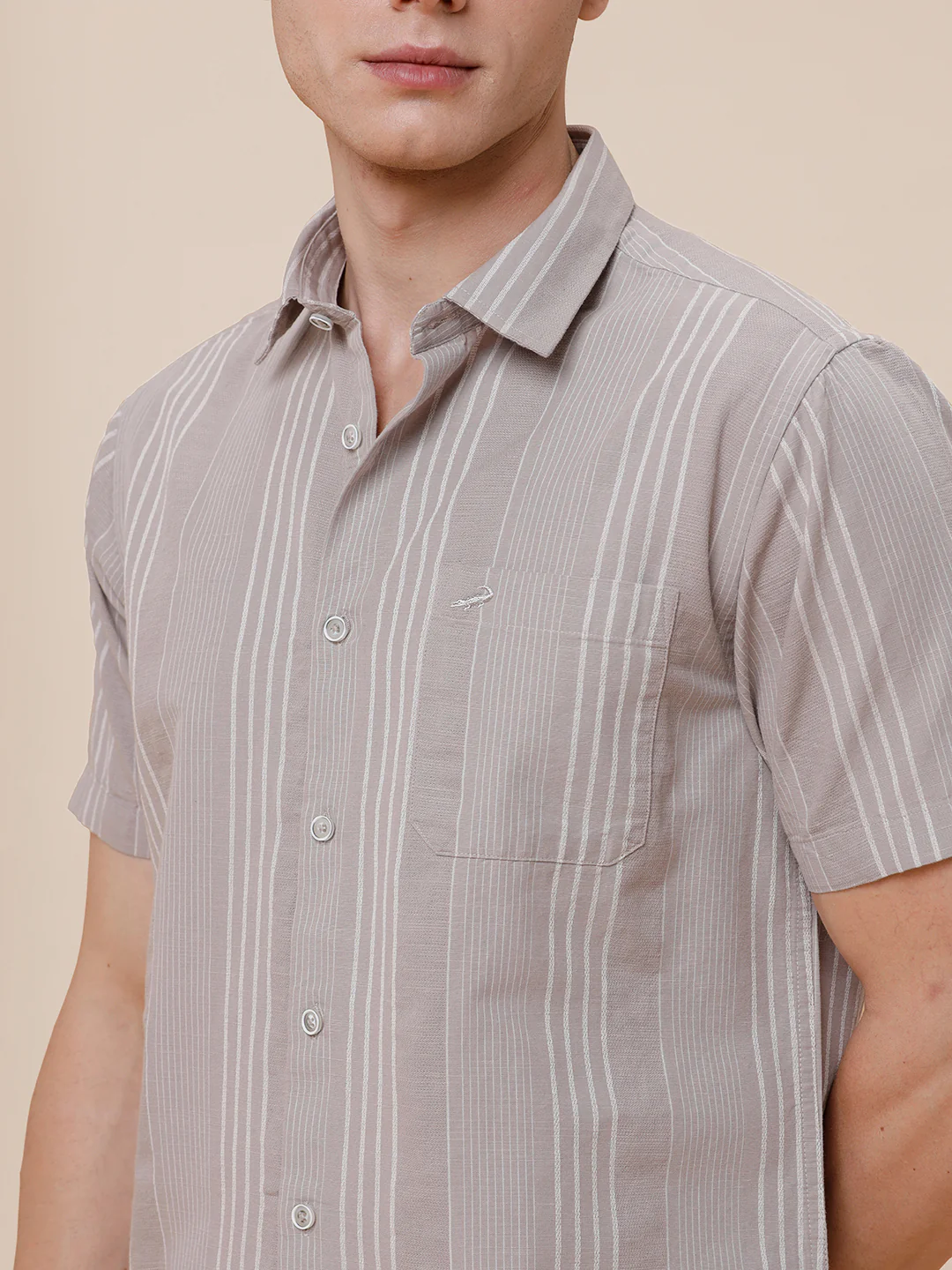 Cotton Textured Stripe Beige Shirt