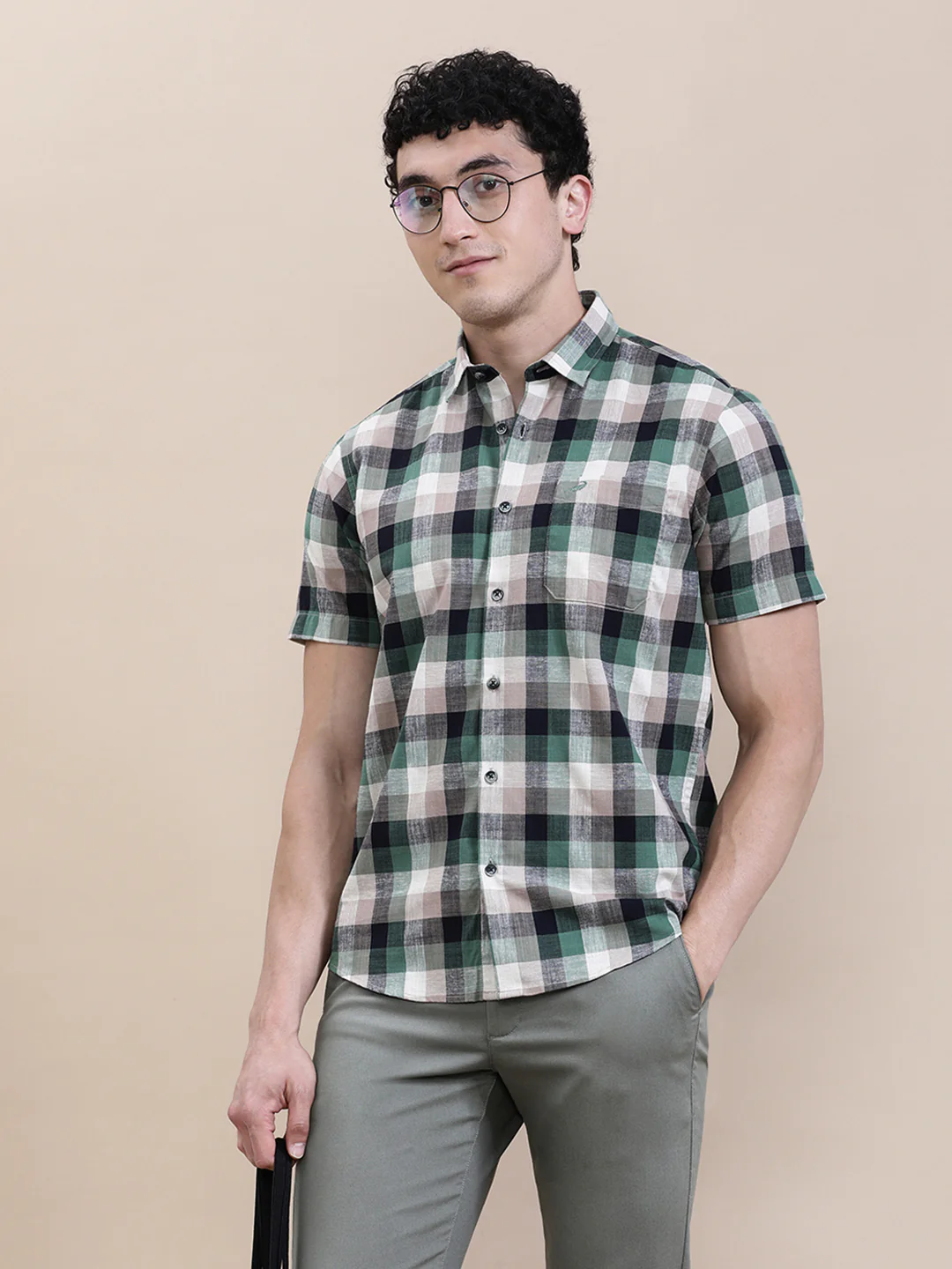 Casual Green Checkered Half Sleeve Shirt