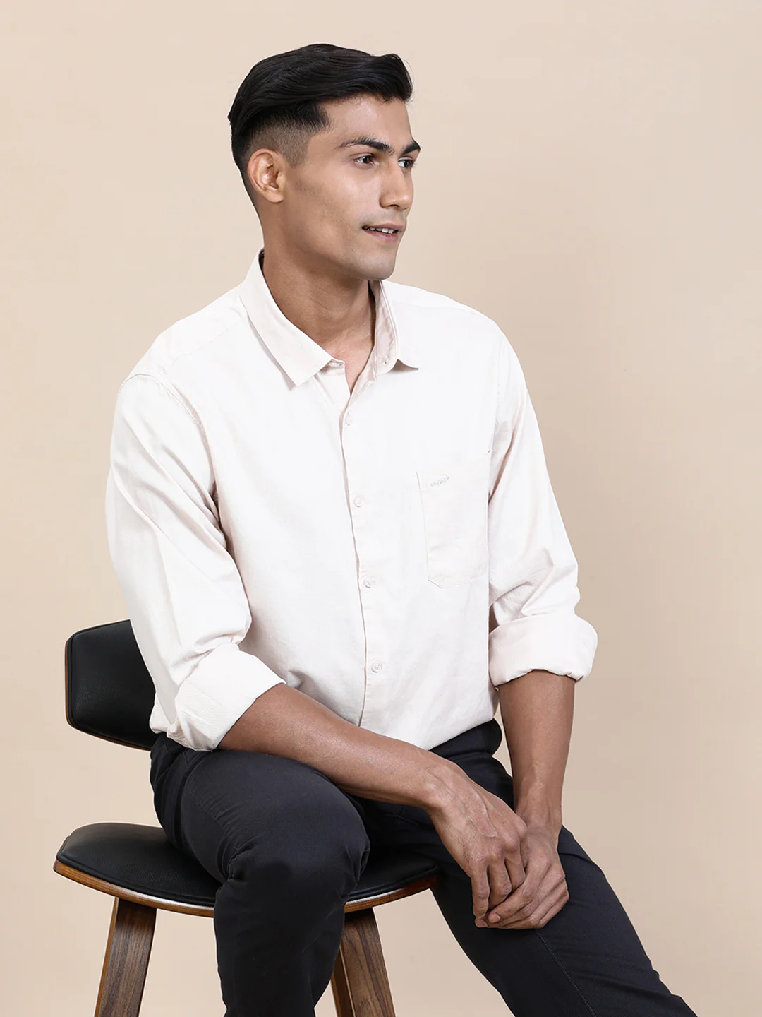 Cream Textured Cotton Full Sleeve Shirt