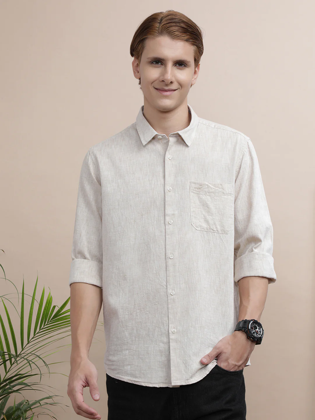 Solid Beige Full Sleeve Casual Shirt