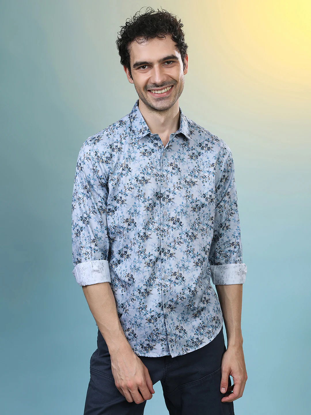 Grey Casual Printed Full Sleeve 100% Cotton Shirt