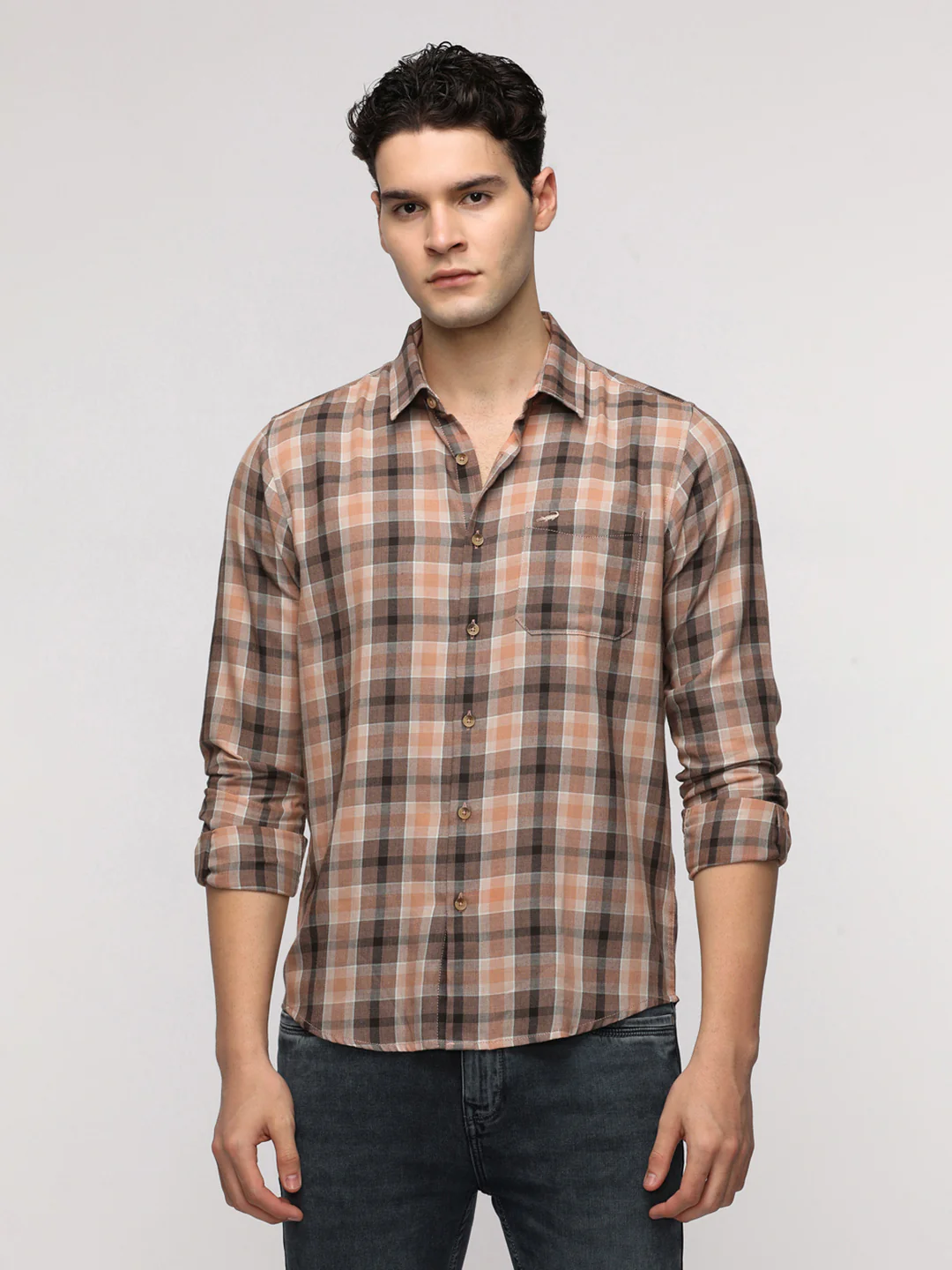 Peach Cotton Blend Checked Shirt