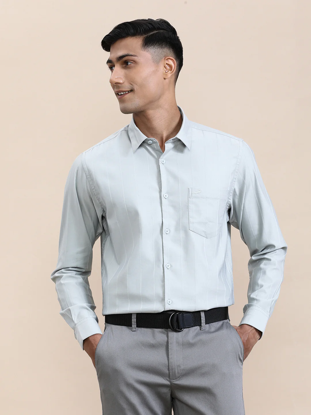 Elegant Self-Stripe Stretch Shirt Green