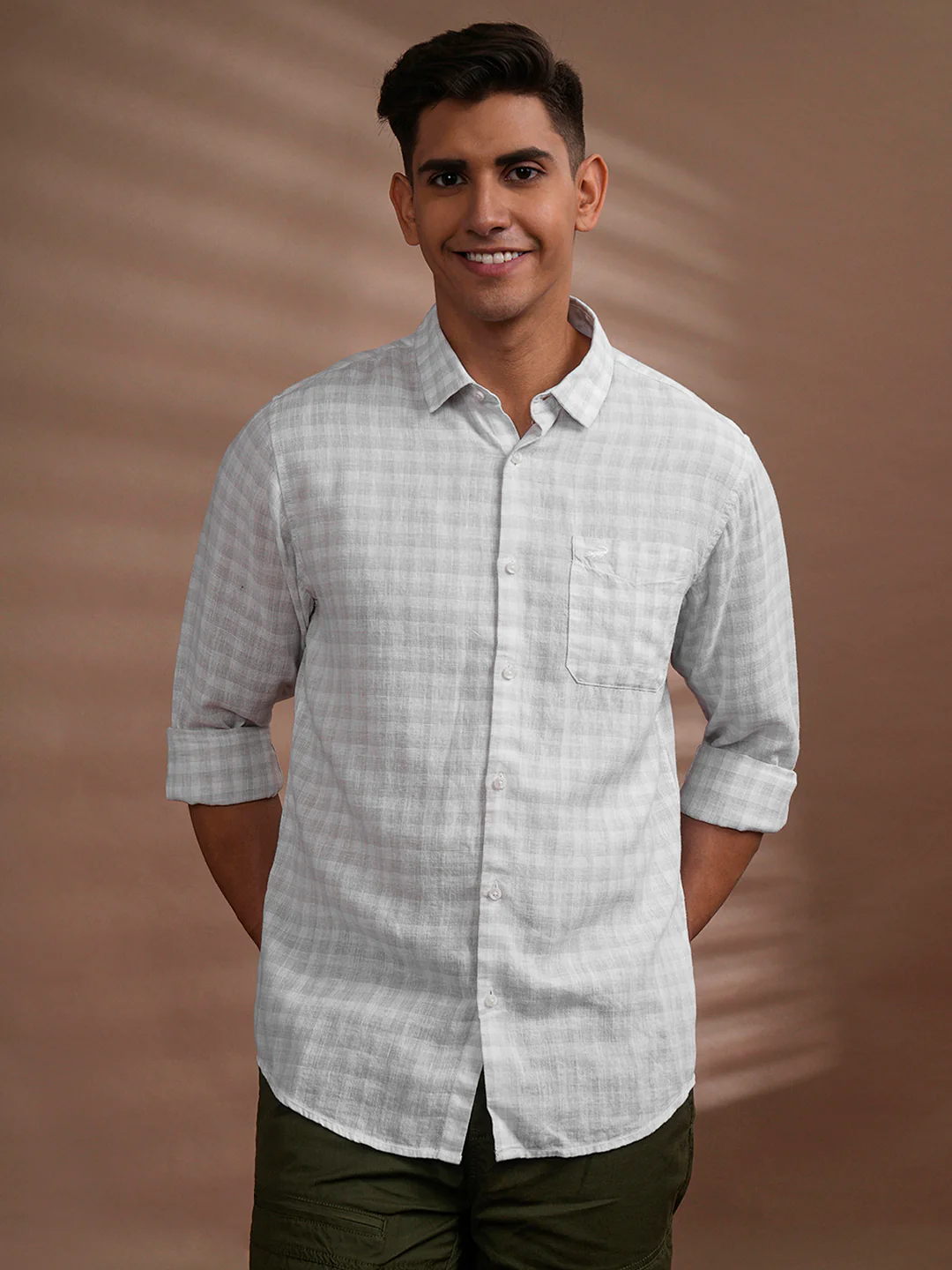 Linen Blend Tonal Check Shirt White
