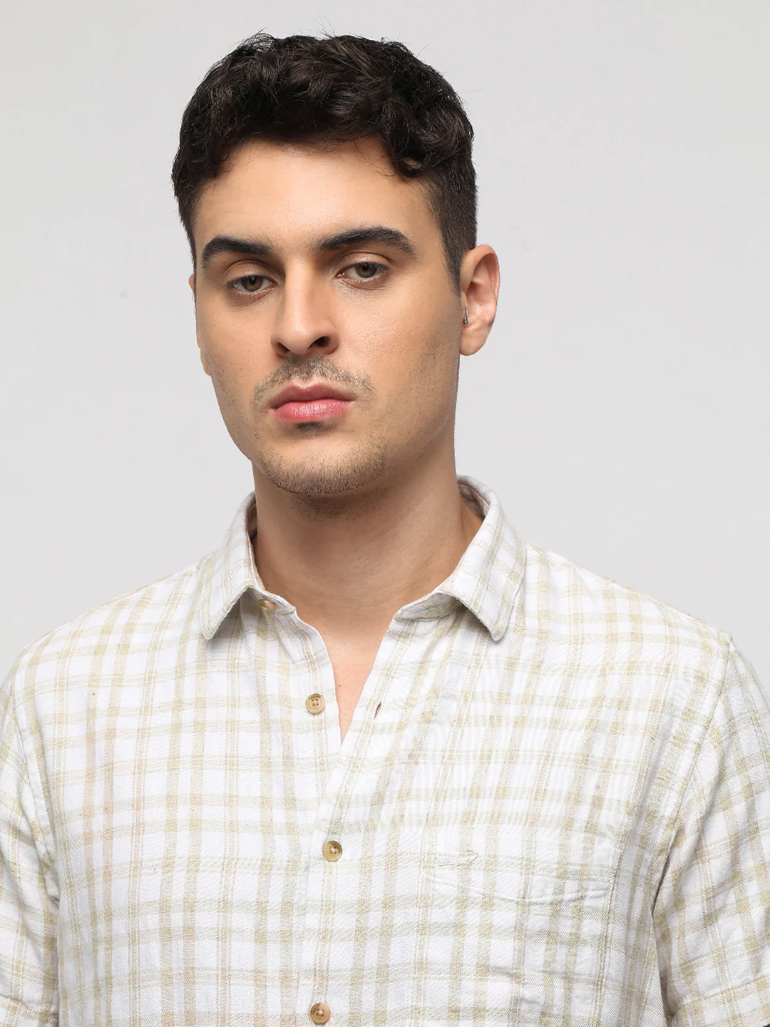 White Comfort Fit Checkered Natural Plaid Linen Blend Shirt