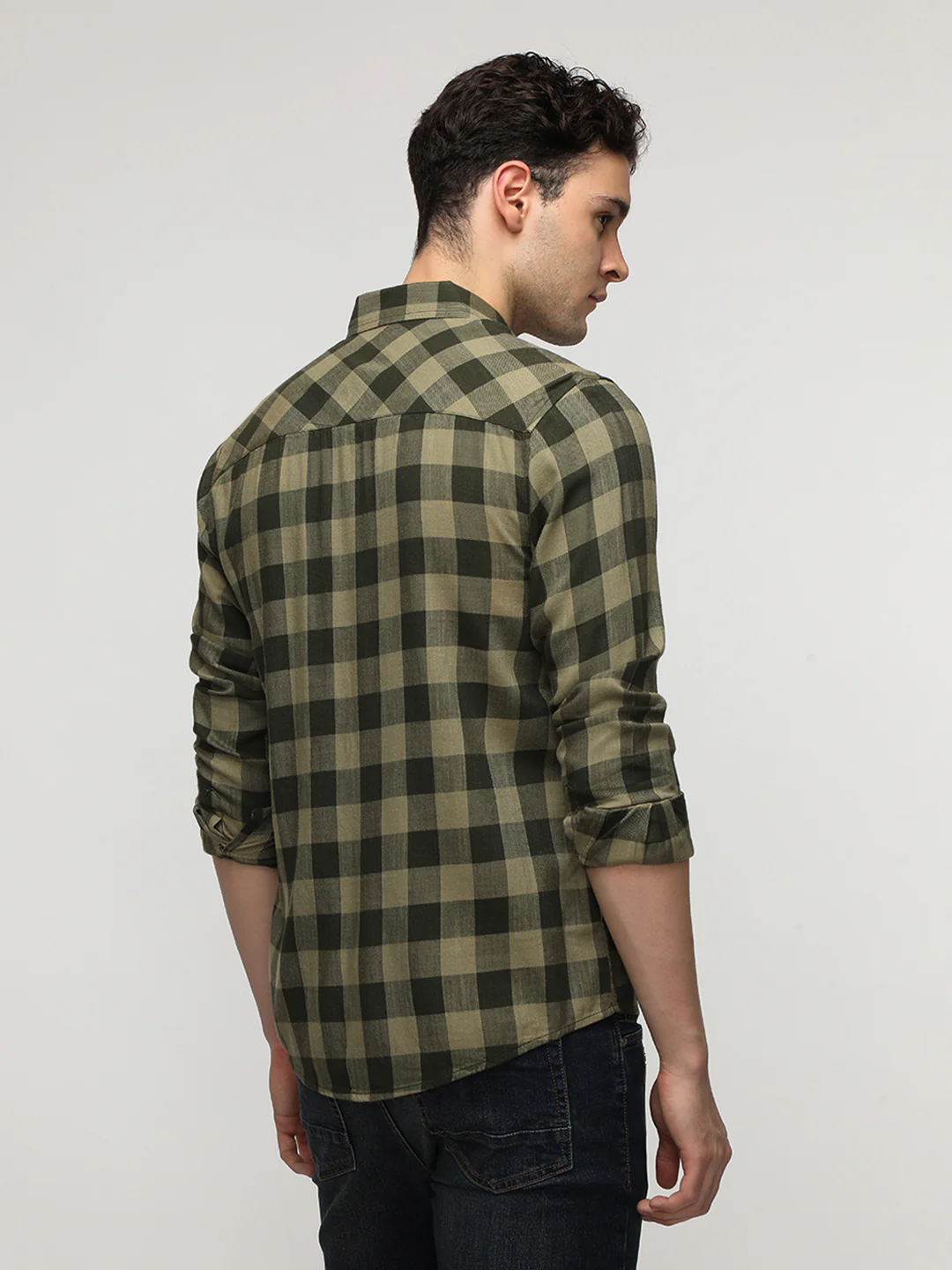 Green Viscose Blend Checks Shirt