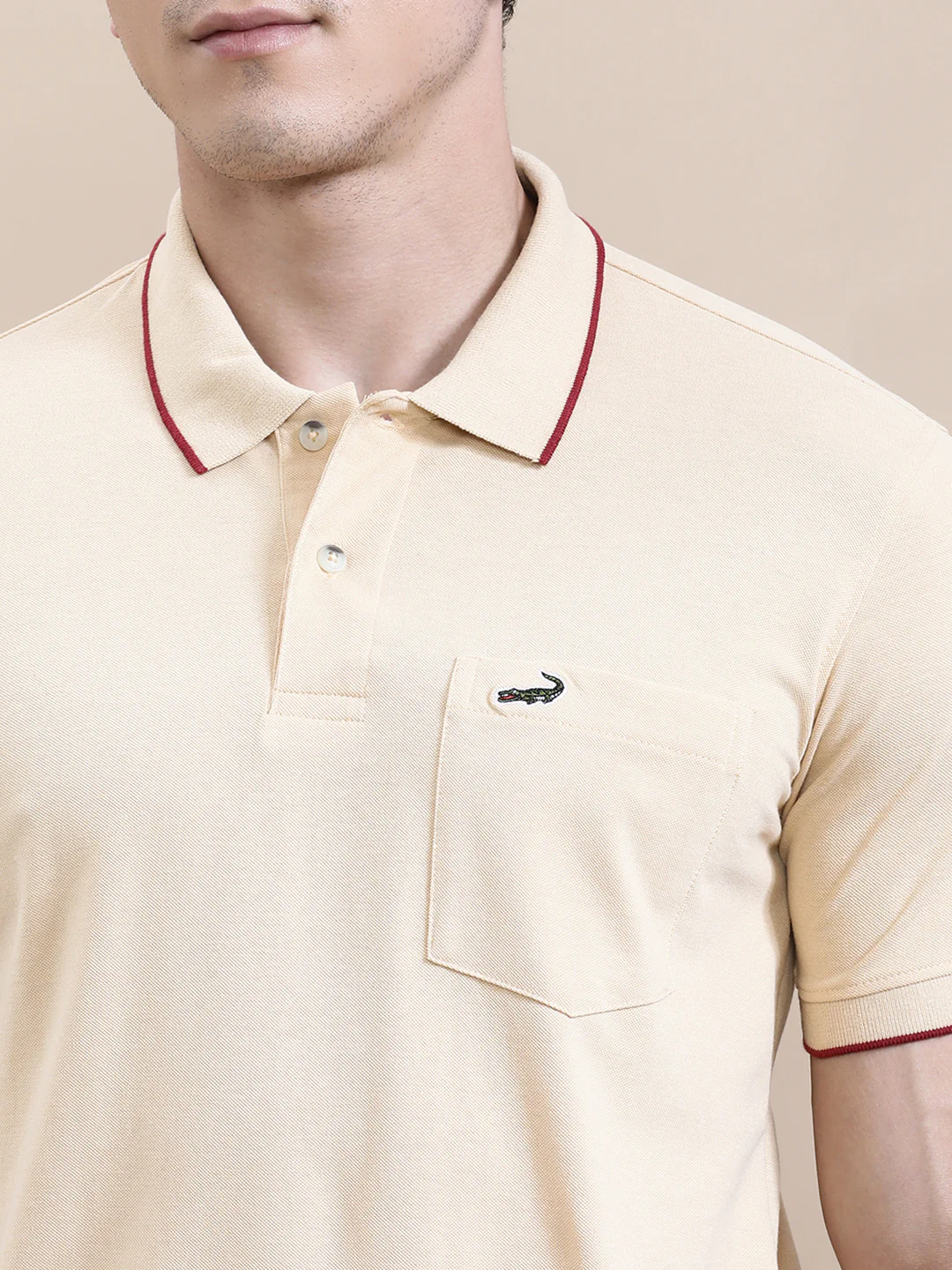 Oat Milk Beige Solid Polo T-Shirt with Pocket