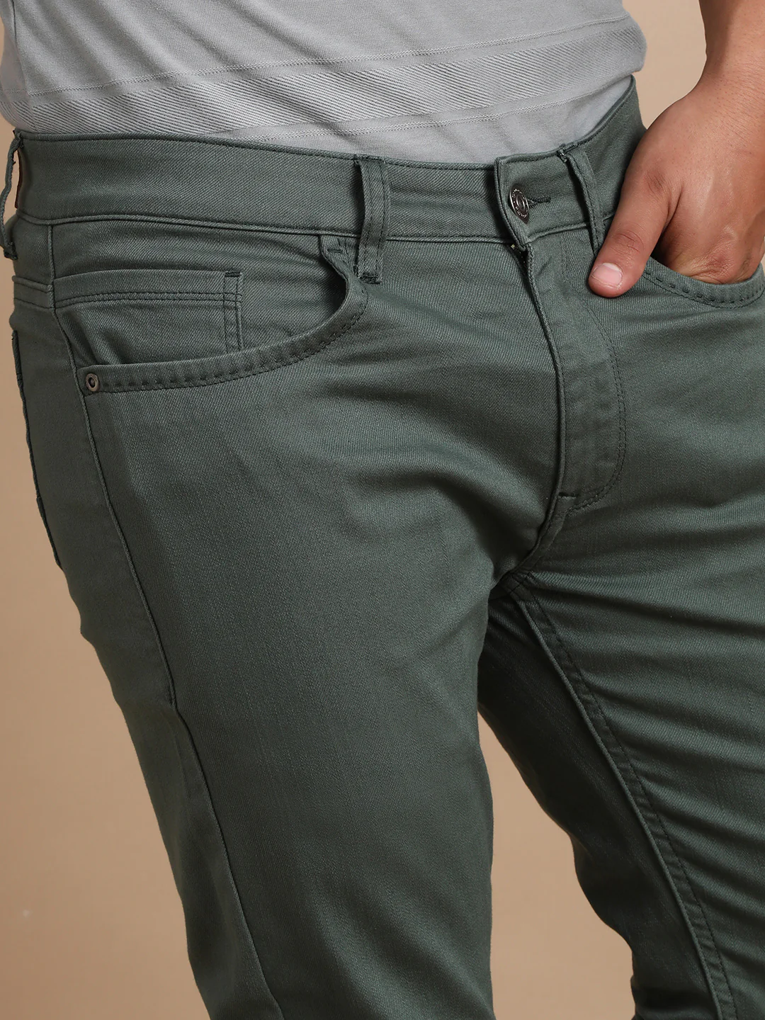 Olive Green Solid Mid Rise Slim Fit Jean