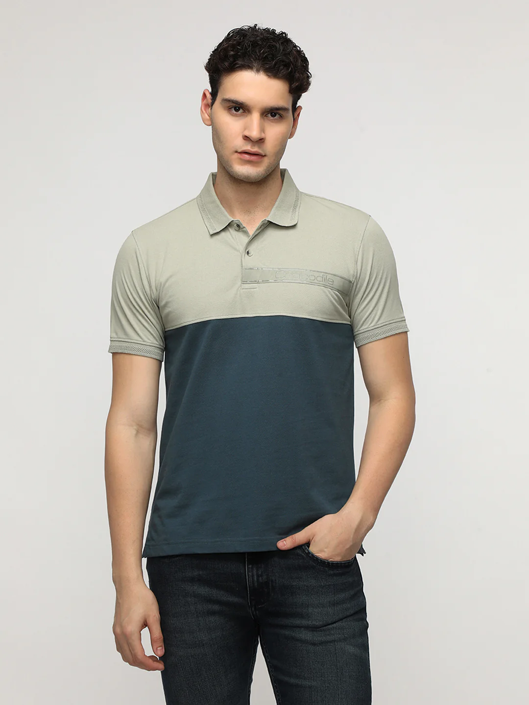 Colour Blocking with Word Tape Polo T-Shirt in Grey
