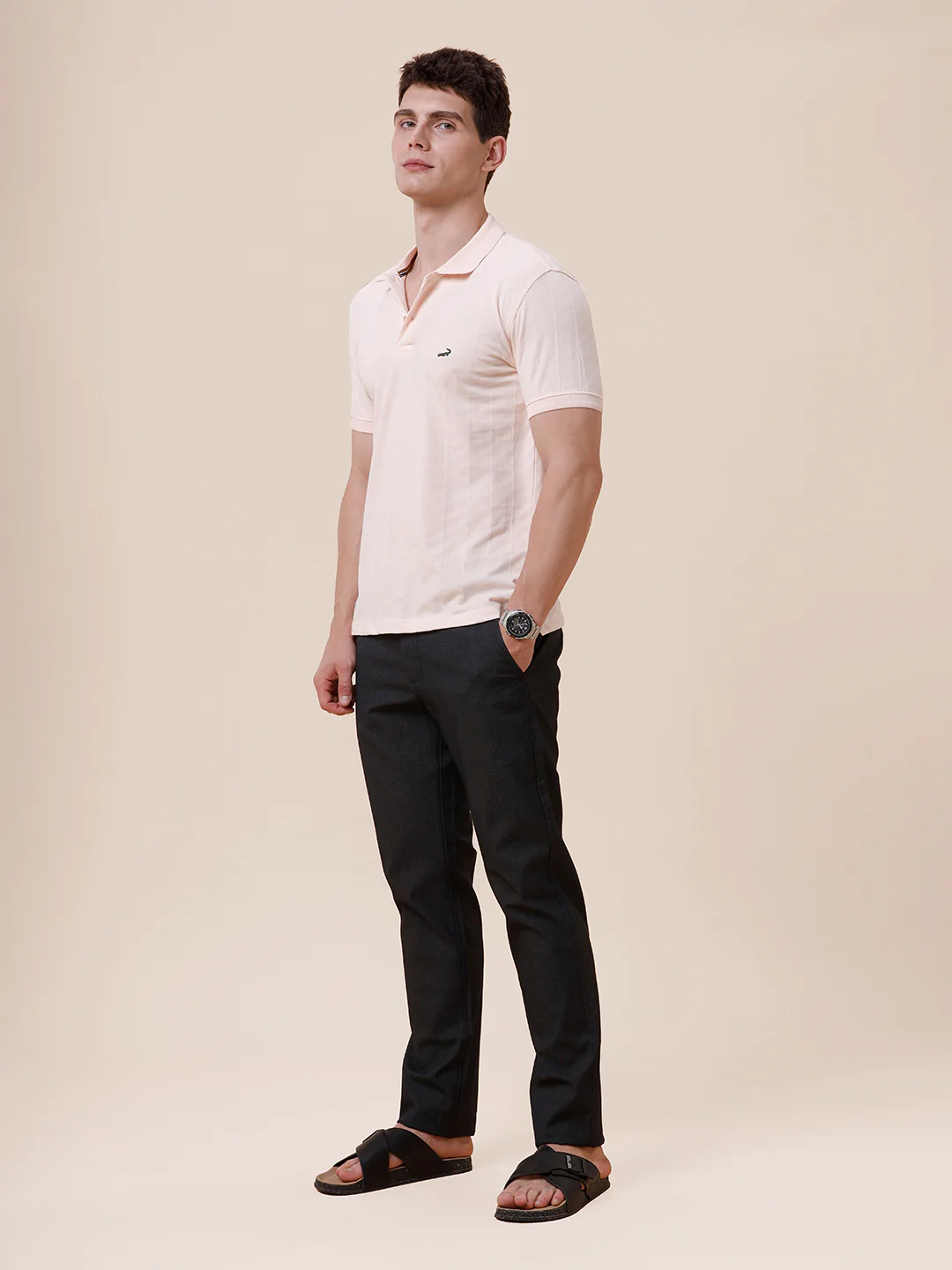 Tonal Cross Self Textured Polo Tshirt In Peach