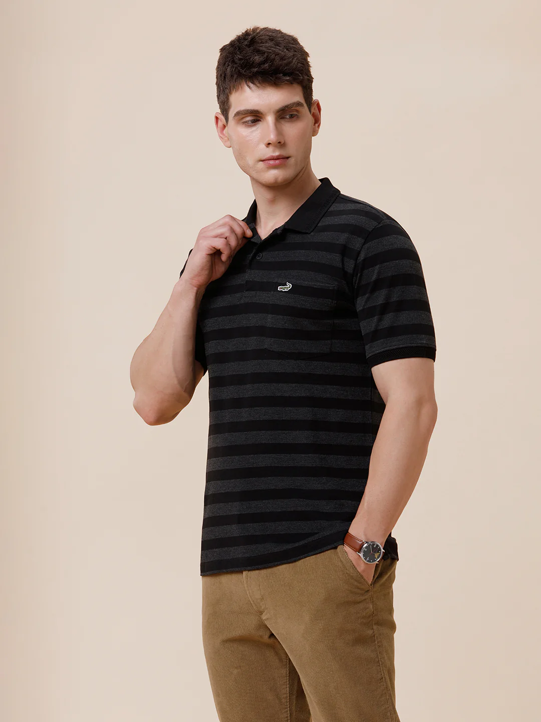 Tonal Melange 1X1 Striped Polo T-Shirt In Charcoal